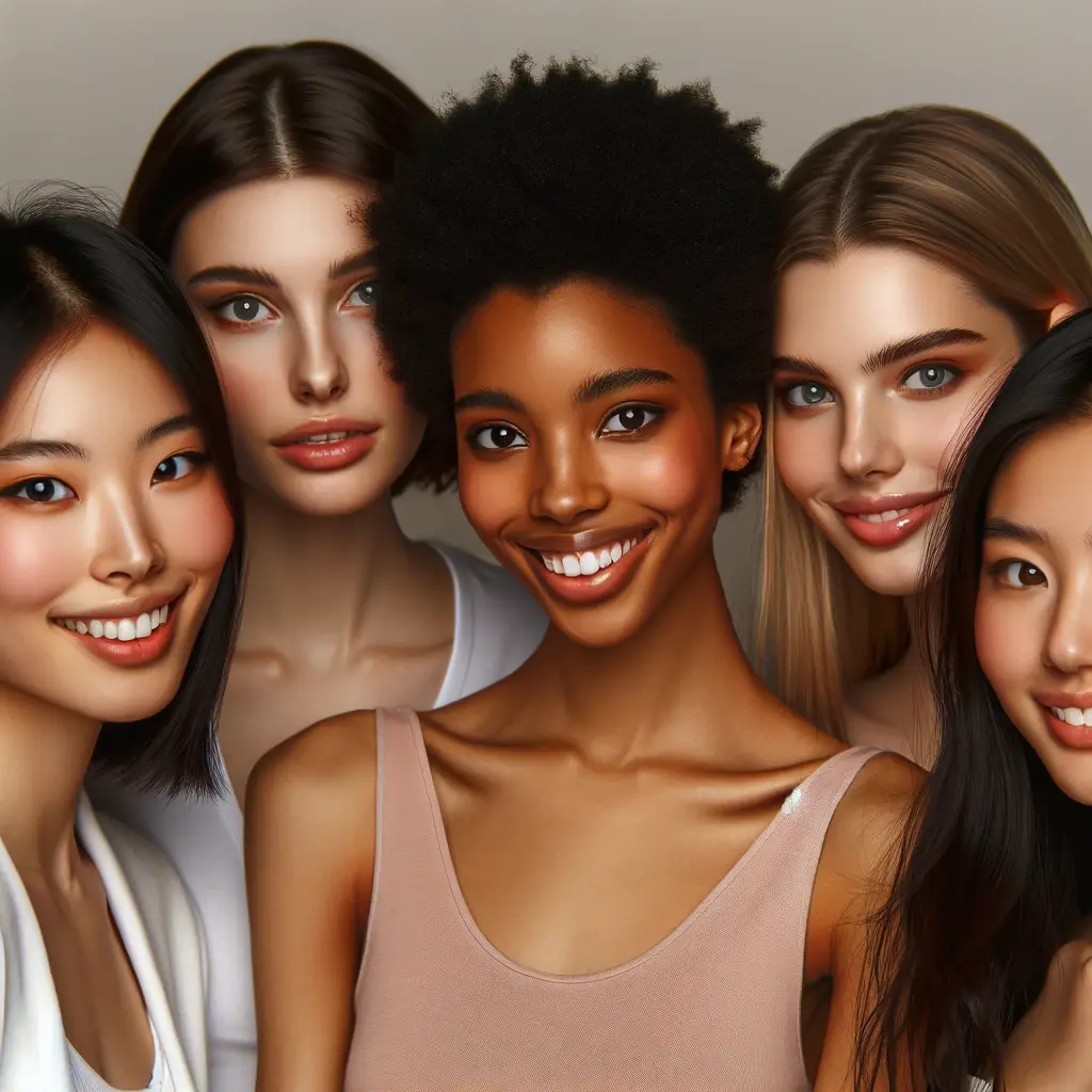 A group of young women from diverse ethnic backgrounds, all smiling and exuding confidence. Include a young Asian woman with short black hair, a young