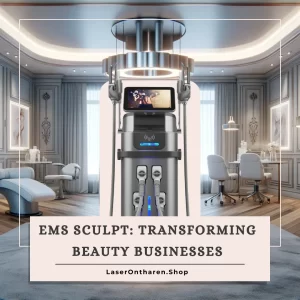 A sleek, modern aesthetic medical device used for EMS Sculpt treatments, featuring a streamlined design with a large interactive touchscreen displaying the EMS Sculpt logo and interface