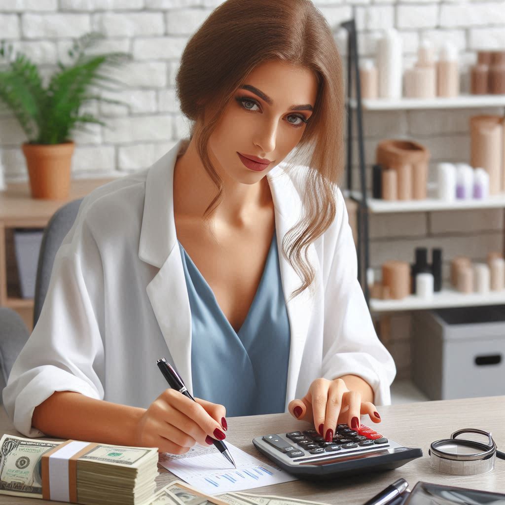 an accountant woman of a beauty salon, calculating monthly income, raw photo, calculator machine, some money on desk 